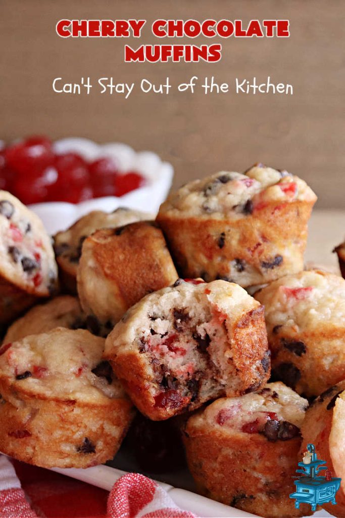 Cherry Chocolate Muffins | Can't Stay Out of the Kitchen | Every sweet tooth craving will be satisfied by one bite of these sensational #muffins. They're filled with #CandiedCherries & miniature #ChocolateChips. #Bananas & #applesauce keep the muffins moist. They're perfect for any #brunch or #breakfast #menu, as snacks to take to sports practices, for #tailgating parties or #potlucks. Everyone will want seconds. #chocolate #cherries #holiday #CherryMuffins #HolidayBreakfast #ChocolateMuffins #CherryChocolateMuffins