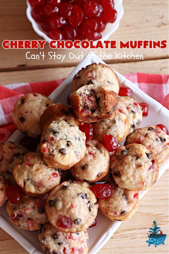 Cherry Chocolate Muffins | Can't Stay Out of the Kitchen | Every sweet tooth craving will be satisfied by one bite of these sensational #muffins. They're filled with #CandiedCherries & miniature #ChocolateChips. #Bananas & #applesauce keep the muffins moist. They're perfect for any #brunch or #breakfast #menu, as snacks to take to sports practices, for #tailgating parties or #potlucks. Everyone will want seconds. #chocolate #cherries #holiday #CherryMuffins #HolidayBreakfast #ChocolateMuffins #CherryChocolateMuffins