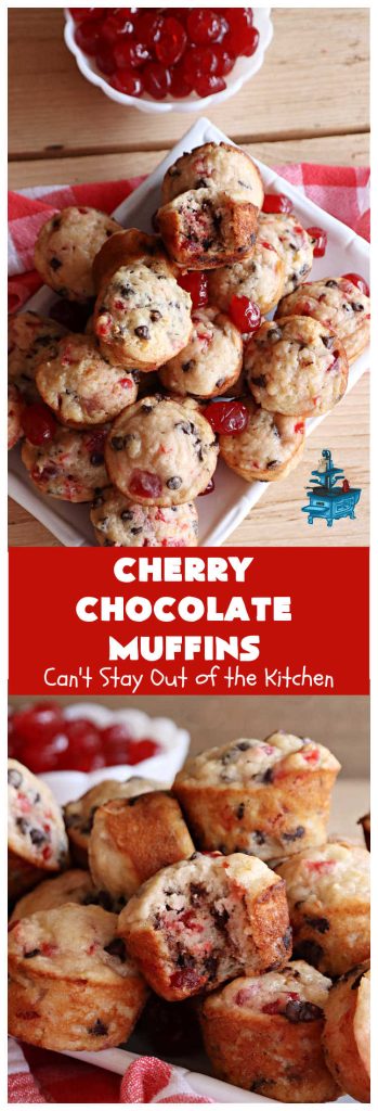 Cherry Chocolate Muffins | Can't Stay Out of the Kitchen | Every sweet tooth craving will be satisfied by one bite of these sensational #muffins. They're filled with #CandiedCherries & miniature #ChocolateChips. #Bananas & #applesauce keep the muffins moist. They're perfect for any #brunch or #breakfast #menu, as snacks to take to sports practices, for #tailgating parties or #potlucks. Everyone will want seconds. #chocolate #cherries #holiday #CherryMuffins #HolidayBreakfast #ChocolateMuffins #CherryChocolateMuffins