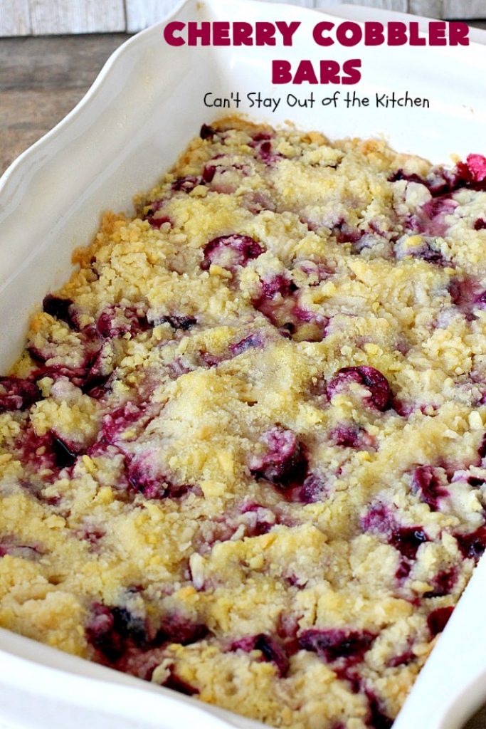 Cherry Cobbler Bars | Can't Stay Out of the Kitchen | this spectacular #cherry #dessert is filled with fresh #cherries & #almond extract in the filling and crust. It's ooey, gooey & so delicious for a summer dessert when cherries are in season. #cookies #cherrydessert #Canbassador #NorthwestCherryGrowers