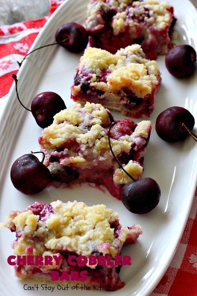 Cherry Cobbler Bars | Can't Stay Out of the Kitchen | this spectacular #cherry #dessert is filled with fresh #cherries & #almond extract in the filling and crust. It's ooey, gooey & so delicious for a summer dessert when cherries are in season. #cookies #cherrydessert #Canbassador #NorthwestCherryGrowers