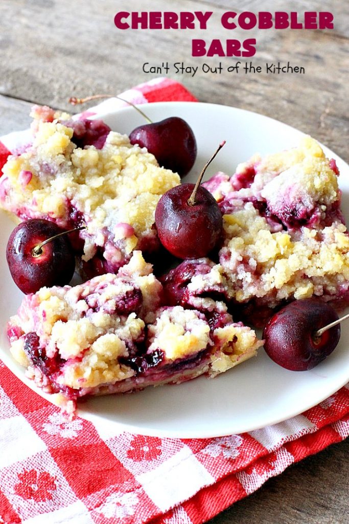 Cherry Cobbler Bars | Can't Stay Out of the Kitchen | this spectacular #cherry #dessert is filled with fresh #cherries & #almond extract in the filling and crust. It's ooey, gooey & so delicious for a summer dessert when cherries are in season. #cookies #cherrydessert #Canbassador #NorthwestCherryGrowers
