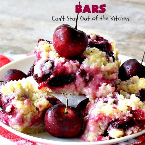Cherry Cobbler Bars | Can't Stay Out of the Kitchen | this spectacular #cherry #dessert is filled with fresh #cherries & #almond extract in the filling and crust. It's ooey, gooey & so delicious for a summer dessert when cherries are in season. #cookies #cherrydessert #Canbassador #NorthwestCherryGrowers