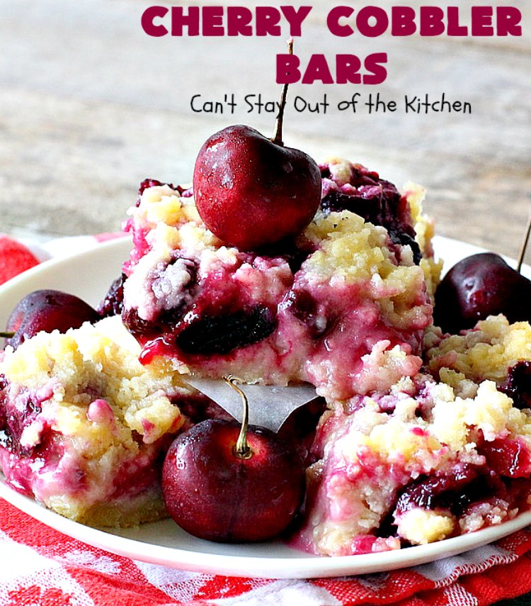 Cherry Cobbler Bars | Can't Stay Out of the Kitchen | this spectacular #cherry #dessert is filled with fresh #cherries & #almond extract in the filling and crust. It's ooey, gooey & so delicious for a summer dessert when cherries are in season. #cookies #cherrydessert #Canbassador #NorthwestCherryGrowers