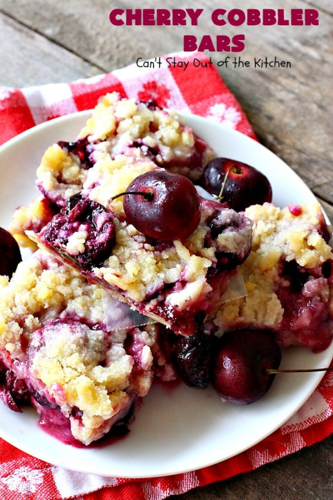Cherry Cobbler Bars | Can't Stay Out of the Kitchen | this spectacular #cherry #dessert is filled with fresh #cherries & #almond extract in the filling and crust. It's ooey, gooey & so delicious for a summer dessert when cherries are in season. #cookies #cherrydessert #Canbassador #NorthwestCherryGrowers