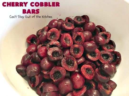 Cherry Cobbler Bars | Can't Stay Out of the Kitchen | this spectacular #cherry #dessert is filled with fresh #cherries & #almond extract in the filling and crust. It's ooey, gooey & so delicious for a summer dessert when cherries are in season. #cookies #cherrydessert #Canbassador #NorthwestCherryGrowers