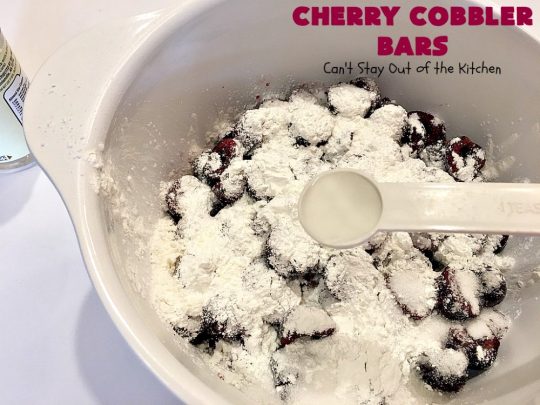 Cherry Cobbler Bars | Can't Stay Out of the Kitchen | this spectacular #cherry #dessert is filled with fresh #cherries & #almond extract in the filling and crust. It's ooey, gooey & so delicious for a summer dessert when cherries are in season. #cookies #cherrydessert #Canbassador #NorthwestCherryGrowers