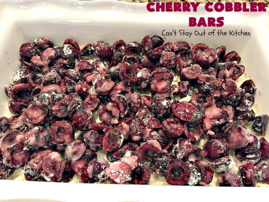 Cherry Cobbler Bars | Can't Stay Out of the Kitchen | this spectacular #cherry #dessert is filled with fresh #cherries & #almond extract in the filling and crust. It's ooey, gooey & so delicious for a summer dessert when cherries are in season. #cookies #cherrydessert #Canbassador #NorthwestCherryGrowers