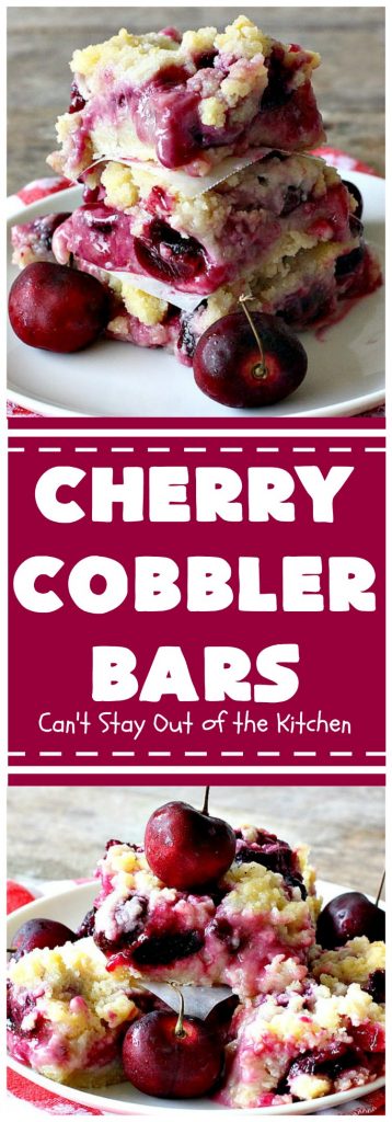 Cherry Cobbler Bars | Can't Stay Out of the Kitchen | this spectacular #cherry #dessert is filled with fresh #cherries & #almond extract in the filling and crust. It's ooey, gooey & so delicious for a summer dessert when cherries are in season. #cookies #cherrydessert #Canbassador #NorthwestCherryGrowers