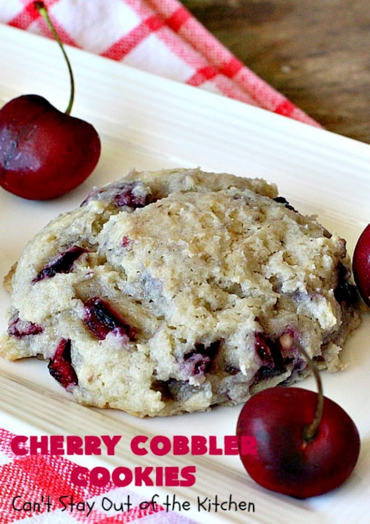 Cherry Cobbler Cookies | Can't Stay Out of the Kitchen | these fantastic #cookies contain #cherry #Greekyogurt & fresh #cherries. They're a heavenly #dessert now that cherries are in season. #cherrydessert #Canbassador #NorthwestCherryGrowers