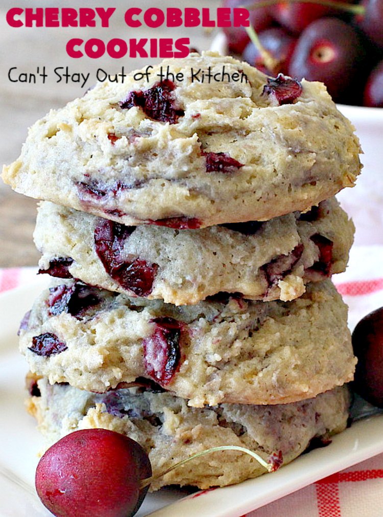 Cherry Cobbler Cookies | Can't Stay Out of the Kitchen | these fantastic #cookies contain #cherry #Greekyogurt & fresh #cherries. They're a heavenly #dessert now that cherries are in season. #cherrydessert #Canbassador #NorthwestCherryGrowers