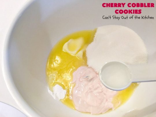 Cherry Cobbler Cookies | Can't Stay Out of the Kitchen | these fantastic #cookies contain #cherry #Greekyogurt & fresh #cherries. They're a heavenly #dessert now that cherries are in season. #cherrydessert #Canbassador #NorthwestCherryGrowers