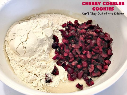 Cherry Cobbler Cookies | Can't Stay Out of the Kitchen | these fantastic #cookies contain #cherry #Greekyogurt & fresh #cherries. They're a heavenly #dessert now that cherries are in season. #cherrydessert #Canbassador #NorthwestCherryGrowers
