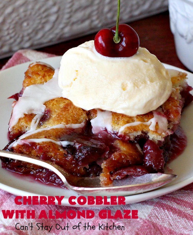 Cherry Cobbler with Almond Glaze | Can't Stay Out of the Kitchen | This lovely #dessert is actually assembled in layers that you don't stir together. It's terrific for #summer #holidays, backyard BBQs & potlucks while #FreshCherries are still in season. #cherries #CherryCobbler #cobbler #CherryDessert #CherryCobblerWithAlmondGlaze #Canbassador #NWCherries #NorthWestCherryGrowers #FavoriteCherryCobbler