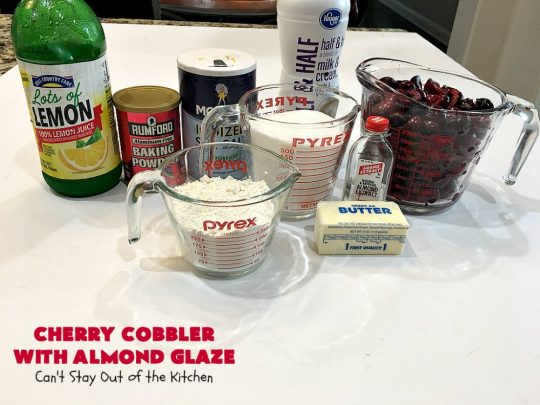 Cherry Cobbler with Almond Glaze | Can't Stay Out of the Kitchen | This lovely #dessert is actually assembled in layers that you don't stir together. It's terrific for #summer #holidays, backyard BBQs & potlucks while #FreshCherries are still in season. #cherries #CherryCobbler #cobbler #CherryDessert #CherryCobblerWithAlmondGlaze #Canbassador #NWCherries #NorthWestCherryGrowers #FavoriteCherryCobbler
