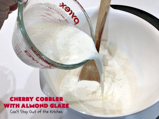 Cherry Cobbler with Almond Glaze | Can't Stay Out of the Kitchen | This lovely #dessert is actually assembled in layers that you don't stir together. It's terrific for #summer #holidays, backyard BBQs & potlucks while #FreshCherries are still in season. #cherries #CherryCobbler #cobbler #CherryDessert #CherryCobblerWithAlmondGlaze #Canbassador #NWCherries #NorthWestCherryGrowers #FavoriteCherryCobbler