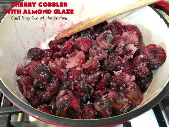 Cherry Cobbler with Almond Glaze | Can't Stay Out of the Kitchen | This lovely #dessert is actually assembled in layers that you don't stir together. It's terrific for #summer #holidays, backyard BBQs & potlucks while #FreshCherries are still in season. #cherries #CherryCobbler #cobbler #CherryDessert #CherryCobblerWithAlmondGlaze #Canbassador #NWCherries #NorthWestCherryGrowers #FavoriteCherryCobbler