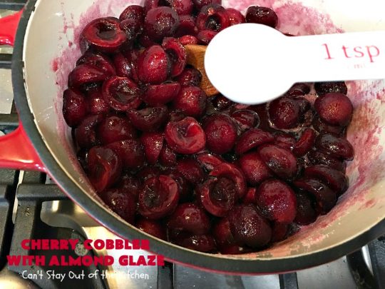 Cherry Cobbler with Almond Glaze | Can't Stay Out of the Kitchen | This lovely #dessert is actually assembled in layers that you don't stir together. It's terrific for #summer #holidays, backyard BBQs & potlucks while #FreshCherries are still in season. #cherries #CherryCobbler #cobbler #CherryDessert #CherryCobblerWithAlmondGlaze #Canbassador #NWCherries #NorthWestCherryGrowers #FavoriteCherryCobbler