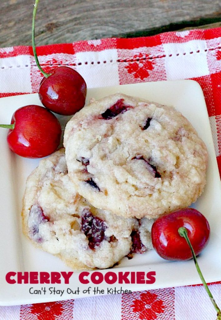 Cherry Cookies | Can't Stay Out of the Kitchen| these fantastic #cookies use fresh #cherries & #almond extract in a #sugarcookie dough. Perfect for summer treats when cherries are in season. #dessert
