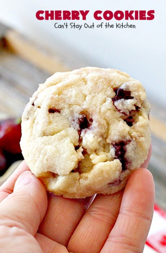Cherry Cookies | Can't Stay Out of the Kitchen| these fantastic #cookies use fresh #cherries & #almond extract in a #sugarcookie dough. Perfect for summer treats when cherries are in season. #dessert