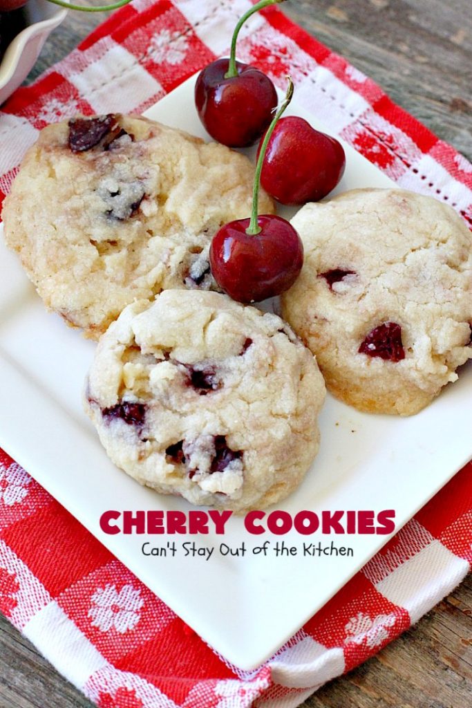 Cherry Cookies | Can't Stay Out of the Kitchen| these fantastic #cookies use fresh #cherries & #almond extract in a #sugarcookie dough. Perfect for summer treats when cherries are in season. #dessert