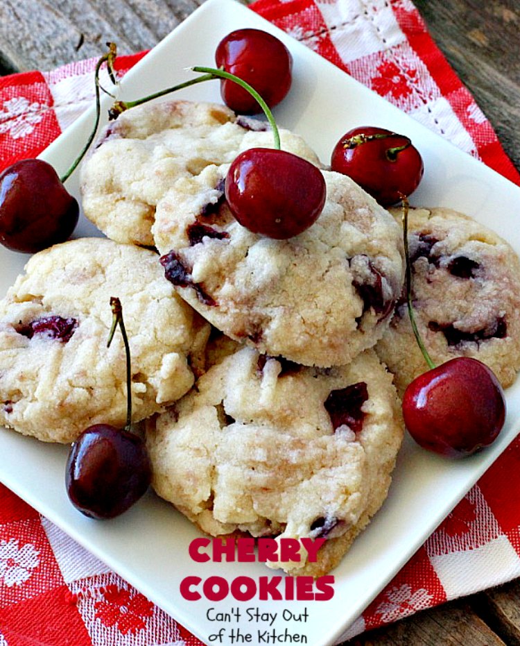 Cherry Cookies | Can't Stay Out of the Kitchen| these fantastic #cookies use fresh #cherries & #almond extract in a #sugarcookie dough. Perfect for summer treats when cherries are in season. #dessert