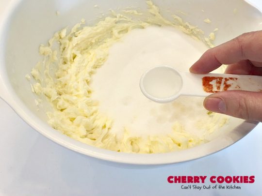 Cherry Cookies | Can't Stay Out of the Kitchen| these fantastic #cookies use fresh #cherries & #almond extract in a #sugarcookie dough. Perfect for summer treats when cherries are in season. #dessert