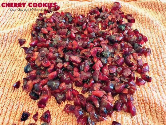 Cherry Cookies | Can't Stay Out of the Kitchen| these fantastic #cookies use fresh #cherries & #almond extract in a #sugarcookie dough. Perfect for summer treats when cherries are in season. #dessert