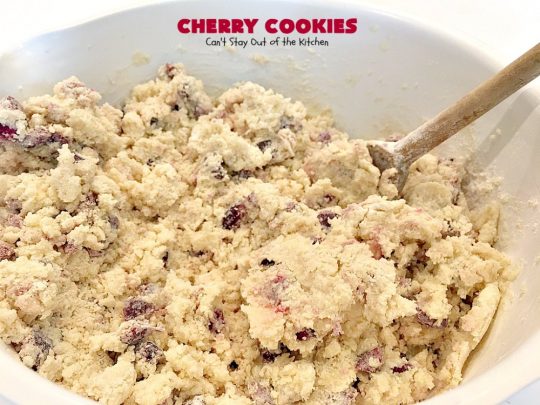 Cherry Cookies | Can't Stay Out of the Kitchen| these fantastic #cookies use fresh #cherries & #almond extract in a #sugarcookie dough. Perfect for summer treats when cherries are in season. #dessert