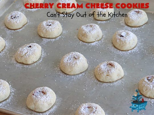 Cherry Cream Cheese Cookies | Can't Stay Out of the Kitchen | #CherryCreamCheeseCookies are a fantastic #dessert to make for #holiday #baking & #ChristmasCookieExchanges. These lovely #ThumbprintCookies are filled with #CherryPreserves with just a hint of #lemon. Your friends & family will love these sweet treats! #cookies #Cherries #CherryCookies #CreamCheese