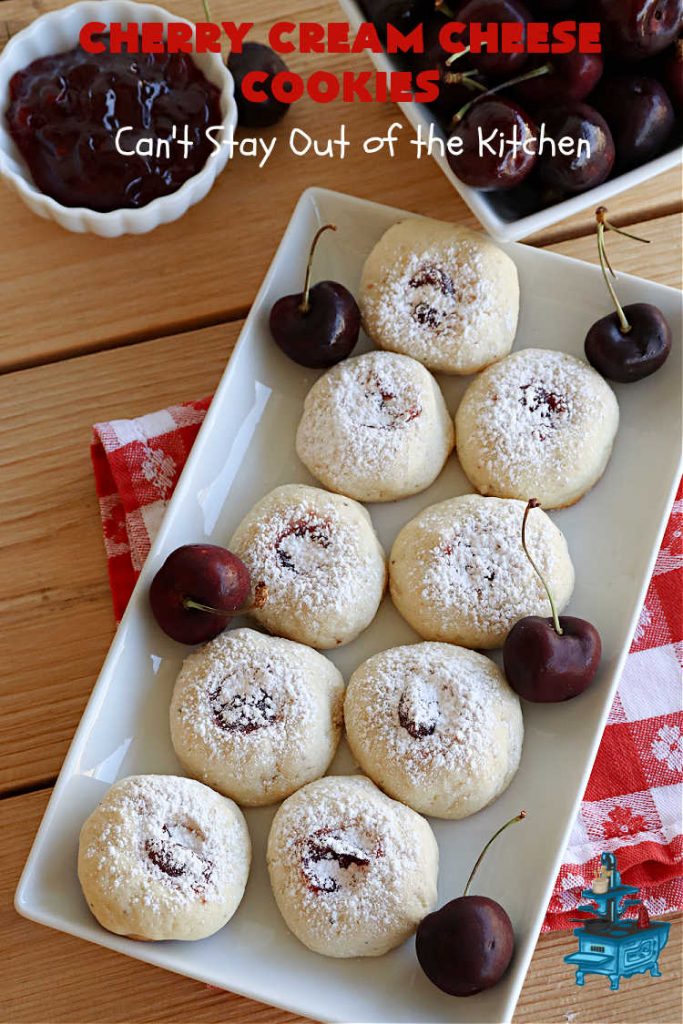Cherry Cream Cheese Cookies | Can't Stay Out of the Kitchen | #CherryCreamCheeseCookies are a fantastic #dessert to make for #holiday #baking & #ChristmasCookieExchanges. These lovely #ThumbprintCookies are filled with #CherryPreserves with just a hint of #lemon. Your friends & family will love these sweet treats! #cookies #Cherries #CherryCookies #CreamCheese