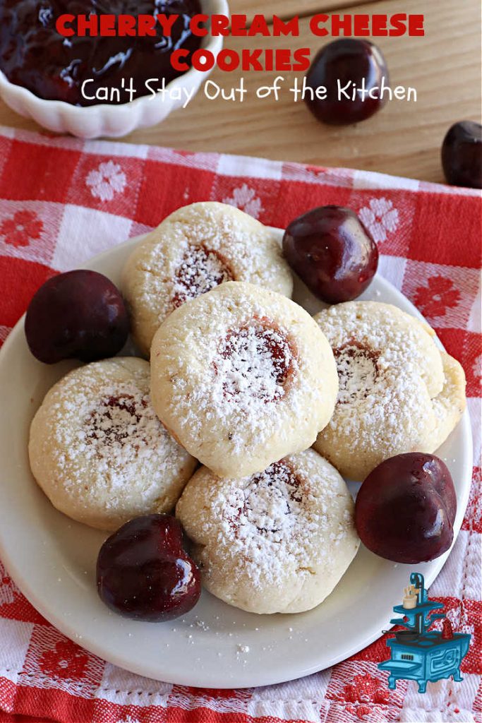 Cherry Cream Cheese Cookies | Can't Stay Out of the Kitchen | #CherryCreamCheeseCookies are a fantastic #dessert to make for #holiday #baking & #ChristmasCookieExchanges. These lovely #ThumbprintCookies are filled with #CherryPreserves with just a hint of #lemon. Your friends & family will love these sweet treats! #cookies #Cherries #CherryCookies #CreamCheese