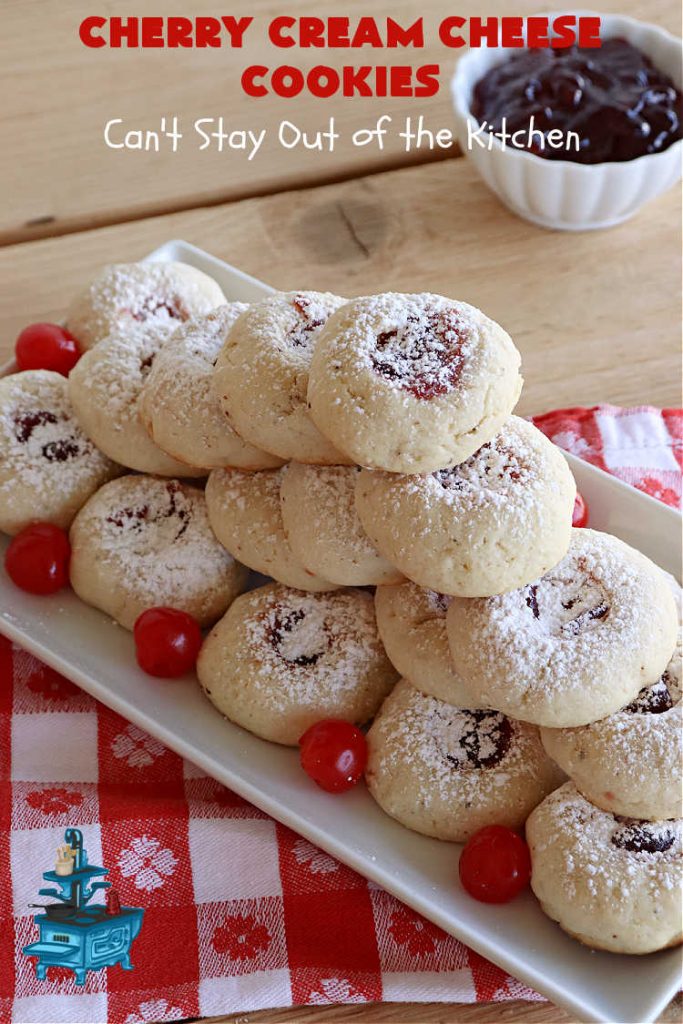 Cherry Cream Cheese Cookies | Can't Stay Out of the Kitchen | #CherryCreamCheeseCookies are a fantastic #dessert to make for #holiday #baking & #ChristmasCookieExchanges. These lovely #ThumbprintCookies are filled with #CherryPreserves with just a hint of #lemon. Your friends & family will love these sweet treats! #cookies #Cherries #CherryCookies #CreamCheese