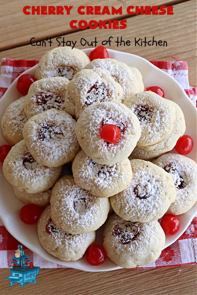 Cherry Cream Cheese Cookies | Can't Stay Out of the Kitchen | #CherryCreamCheeseCookies are a fantastic #dessert to make for #holiday #baking & #ChristmasCookieExchanges. These lovely #ThumbprintCookies are filled with #CherryPreserves with just a hint of #lemon. Your friends & family will love these sweet treats! #cookies #Cherries #CherryCookies #CreamCheese