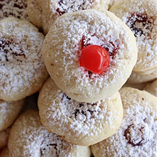 Cherry Cream Cheese Cookies | Can't Stay Out of the Kitchen | #CherryCreamCheeseCookies are a fantastic #dessert to make for #holiday #baking & #ChristmasCookieExchanges. These lovely #ThumbprintCookies are filled with #CherryPreserves with just a hint of #lemon. Your friends & family will love these sweet treats! #cookies #Cherries #CherryCookies #CreamCheese