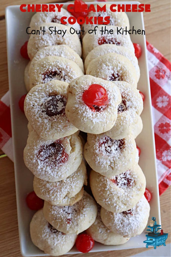 Cherry Cream Cheese Cookies | Can't Stay Out of the Kitchen | #CherryCreamCheeseCookies are a fantastic #dessert to make for #holiday #baking & #ChristmasCookieExchanges. These lovely #ThumbprintCookies are filled with #CherryPreserves with just a hint of #lemon. Your friends & family will love these sweet treats! #cookies #Cherries #CherryCookies #CreamCheese