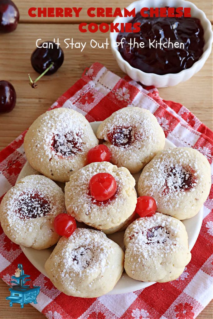 Cherry Cream Cheese Cookies | Can't Stay Out of the Kitchen | #CherryCreamCheeseCookies are a fantastic #dessert to make for #holiday #baking & #ChristmasCookieExchanges. These lovely #ThumbprintCookies are filled with #CherryPreserves with just a hint of #lemon. Your friends & family will love these sweet treats! #cookies #Cherries #CherryCookies #CreamCheese