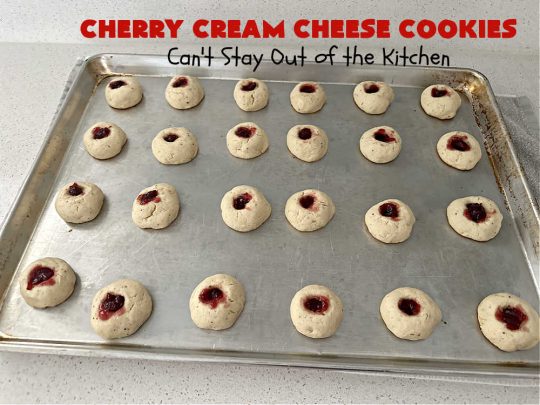 Cherry Cream Cheese Cookies | Can't Stay Out of the Kitchen | #CherryCreamCheeseCookies are a fantastic #dessert to make for #holiday #baking & #ChristmasCookieExchanges. These lovely #ThumbprintCookies are filled with #CherryPreserves with just a hint of #lemon. Your friends & family will love these sweet treats! #cookies #Cherries #CherryCookies #CreamCheese