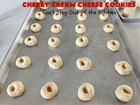 Cherry Cream Cheese Cookies | Can't Stay Out of the Kitchen | #CherryCreamCheeseCookies are a fantastic #dessert to make for #holiday #baking & #ChristmasCookieExchanges. These lovely #ThumbprintCookies are filled with #CherryPreserves with just a hint of #lemon. Your friends & family will love these sweet treats! #cookies #Cherries #CherryCookies #CreamCheese