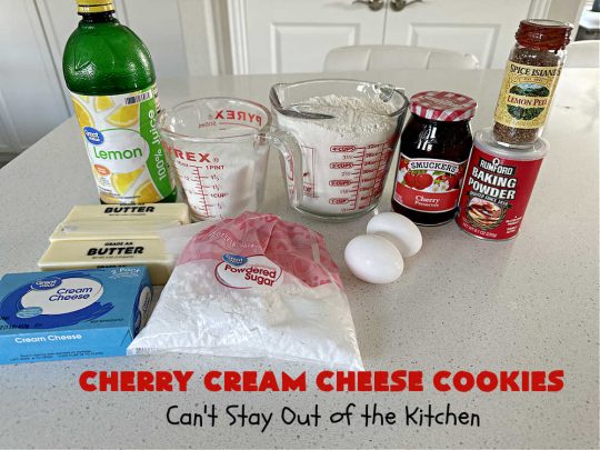 Cherry Cream Cheese Cookies | Can't Stay Out of the Kitchen | #CherryCreamCheeseCookies are a fantastic #dessert to make for #holiday #baking & #ChristmasCookieExchanges. These lovely #ThumbprintCookies are filled with #CherryPreserves with just a hint of #lemon. Your friends & family will love these sweet treats! #cookies #Cherries #CherryCookies #CreamCheese