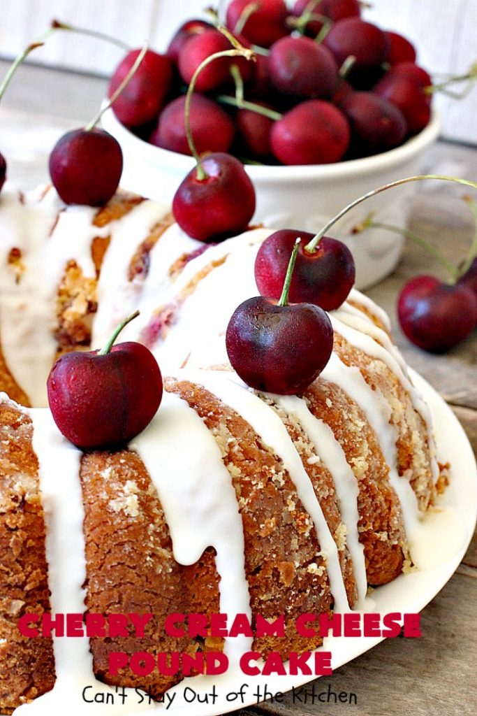 Cherry Cream Cheese Pound Cake | Can't Stay Out of the Kitchen | I recently made 4 of these delicious #cakes & all our neighbors loved it. This #poundcake uses #creamcheese & fresh #cherries. #dessert #CherryDessert #Canbassador #NorthwestCherryGrowers