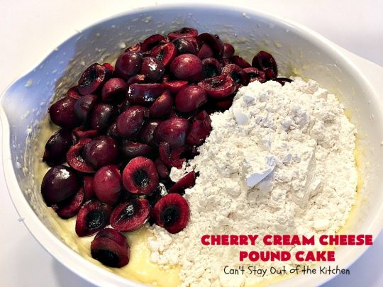 Cherry Cream Cheese Pound Cake | Can't Stay Out of the Kitchen | I recently made 4 of these delicious #cakes & all our neighbors loved it. This #poundcake uses #creamcheese & fresh #cherries. #dessert #CherryDessert #Canbassador #NorthwestCherryGrowers