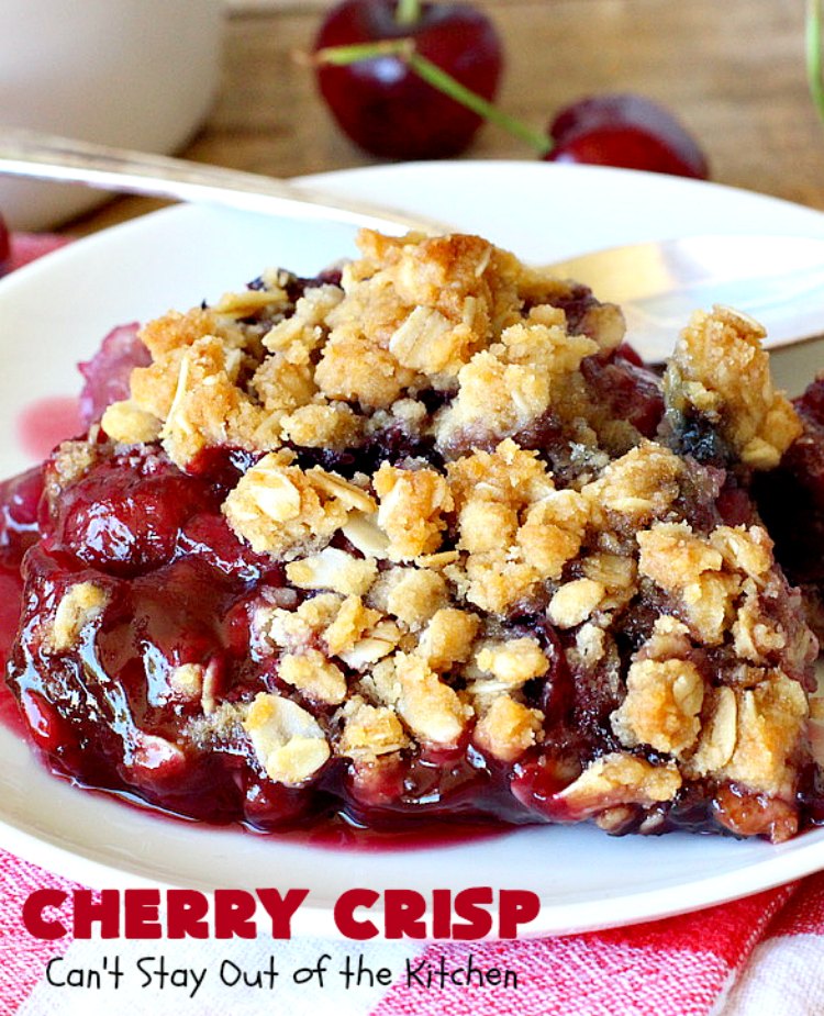 Cherry Crisp | Can't Stay Out of the Kitchen | this fantastic #recipe is the perfect #dessert now that #FreshCherries are in season. It's flavored with #AlmondExtract & has a delightful #Oatmeal topping. Terrific for potlucks, backyard barbecues & summer #holiday fun like #FourthOfJuly. #cherries #CherryCrisp #CherryDessert #HolidayDessert #NorthwestCherries #NorthwestCherryGrowers #NWCherries #Canbassador #NWCherryGrowers