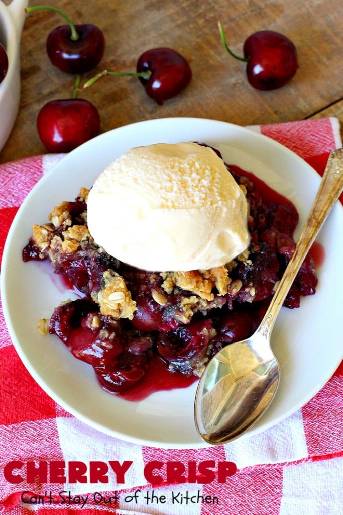 Cherry Crisp | Can't Stay Out of the Kitchen | this fantastic #recipe is the perfect #dessert now that #FreshCherries are in season. It's flavored with #AlmondExtract & has a delightful #Oatmeal topping. Terrific for potlucks, backyard barbecues & summer #holiday fun like #FourthOfJuly. #cherries #CherryCrisp #CherryDessert #HolidayDessert #NorthwestCherries #NorthwestCherryGrowers #NWCherries #Canbassador #NWCherryGrowers
