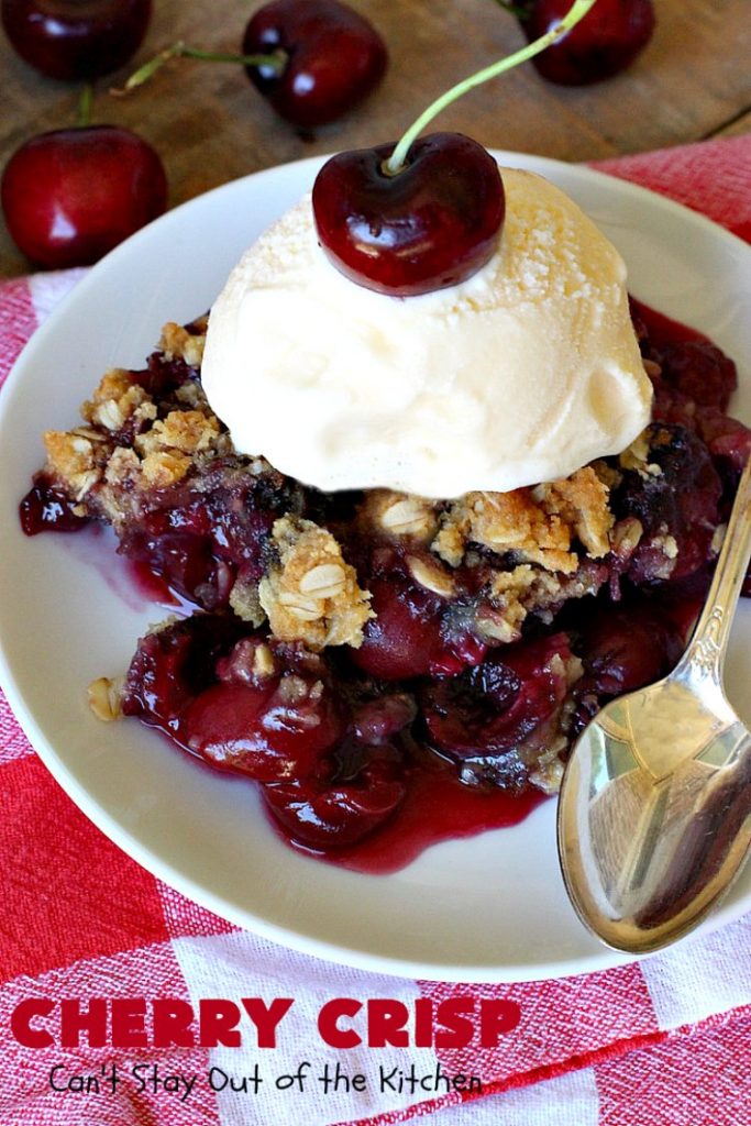Cherry Crisp | Can't Stay Out of the Kitchen | this fantastic #recipe is the perfect #dessert now that #FreshCherries are in season. It's flavored with #AlmondExtract & has a delightful #Oatmeal topping. Terrific for potlucks, backyard barbecues & summer #holiday fun like #FourthOfJuly. #cherries #CherryCrisp #CherryDessert #HolidayDessert #NorthwestCherries #NorthwestCherryGrowers #NWCherries #Canbassador #NWCherryGrowers