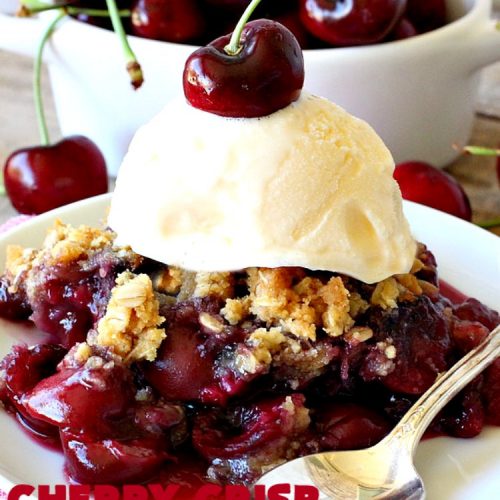 Cherry Crisp | Can't Stay Out of the Kitchen | this fantastic #recipe is the perfect #dessert now that #FreshCherries are in season. It's flavored with #AlmondExtract & has a delightful #Oatmeal topping. Terrific for potlucks, backyard barbecues & summer #holiday fun like #FourthOfJuly. #cherries #CherryCrisp #CherryDessert #HolidayDessert #NorthwestCherries #NorthwestCherryGrowers #NWCherries #Canbassador #NWCherryGrowers