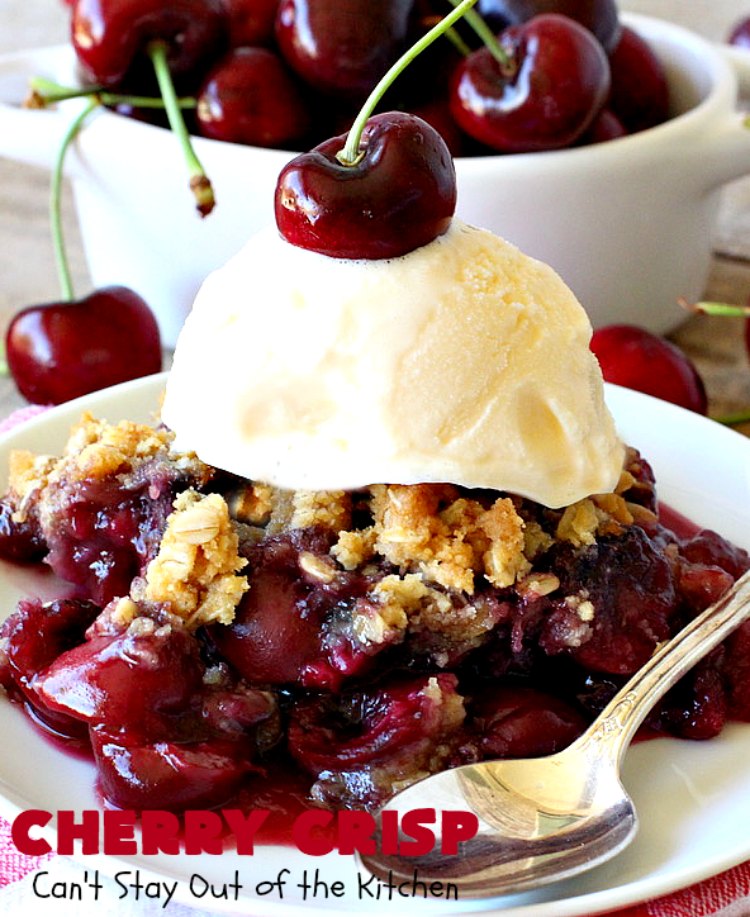 Cherry Crisp | Can't Stay Out of the Kitchen | this fantastic #recipe is the perfect #dessert now that #FreshCherries are in season. It's flavored with #AlmondExtract & has a delightful #Oatmeal topping. Terrific for potlucks, backyard barbecues & summer #holiday fun like #FourthOfJuly. #cherries #CherryCrisp #CherryDessert #HolidayDessert #NorthwestCherries #NorthwestCherryGrowers #NWCherries #Canbassador #NWCherryGrowers
