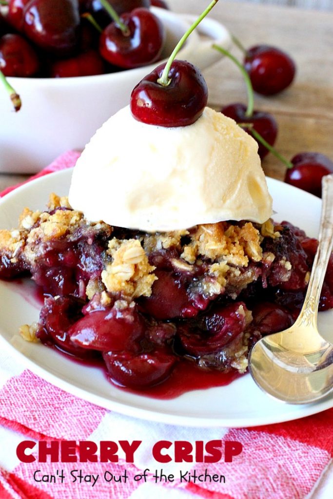 Cherry Crisp | Can't Stay Out of the Kitchen | this fantastic #recipe is the perfect #dessert now that #FreshCherries are in season. It's flavored with #AlmondExtract & has a delightful #Oatmeal topping. Terrific for potlucks, backyard barbecues & summer #holiday fun like #FourthOfJuly. #cherries #CherryCrisp #CherryDessert #HolidayDessert #NorthwestCherries #NorthwestCherryGrowers #NWCherries #Canbassador #NWCherryGrowers