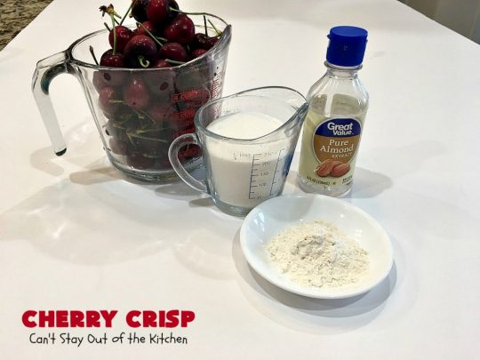 Cherry Crisp | Can't Stay Out of the Kitchen | this fantastic #recipe is the perfect #dessert now that #FreshCherries are in season. It's flavored with #AlmondExtract & has a delightful #Oatmeal topping. Terrific for potlucks, backyard barbecues & summer #holiday fun like #FourthOfJuly. #cherries #CherryCrisp #CherryDessert #HolidayDessert #NorthwestCherries #NorthwestCherryGrowers #NWCherries #Canbassador #NWCherryGrowers