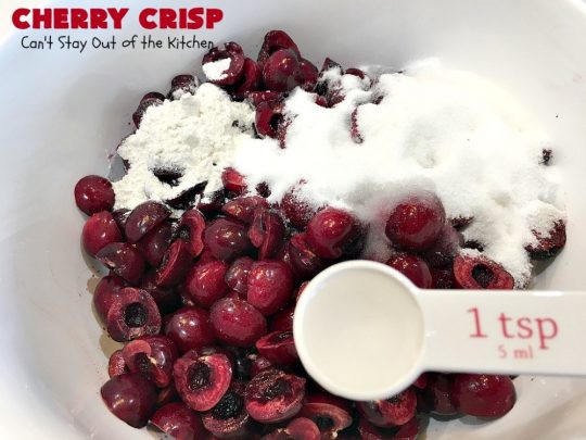 Cherry Crisp | Can't Stay Out of the Kitchen | this fantastic #recipe is the perfect #dessert now that #FreshCherries are in season. It's flavored with #AlmondExtract & has a delightful #Oatmeal topping. Terrific for potlucks, backyard barbecues & summer #holiday fun like #FourthOfJuly. #cherries #CherryCrisp #CherryDessert #HolidayDessert #NorthwestCherries #NorthwestCherryGrowers #NWCherries #Canbassador #NWCherryGrowers